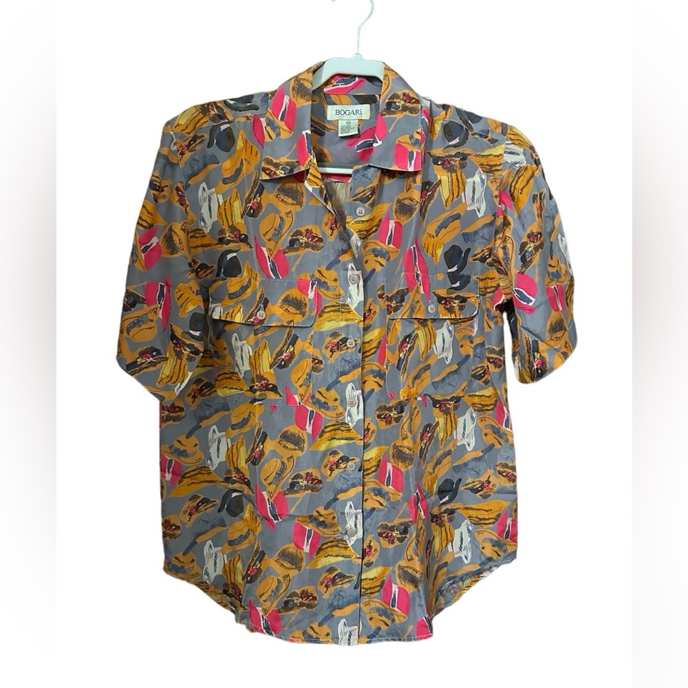 Bogari Vintage Hat Print Silk Button Front Blouse Size M